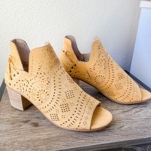 Very G Cecilia Open Toe Lace Back Block Heel Bootie in Yellow